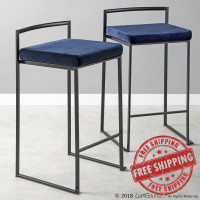 Lumisource B26-FUJI BKVBU2 Fuji Contemporary Stackable Counter Stool in Black with Blue Velvet Cushion - Set of 2 